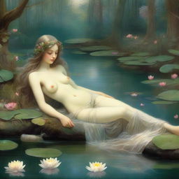 A vintage forest nymph is depicted laying down on her stomach next to a tranquil pond, looking longingly into the water