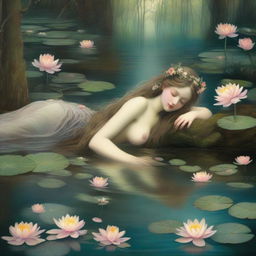 A vintage forest nymph is depicted laying down on her stomach next to a tranquil pond, looking longingly into the water