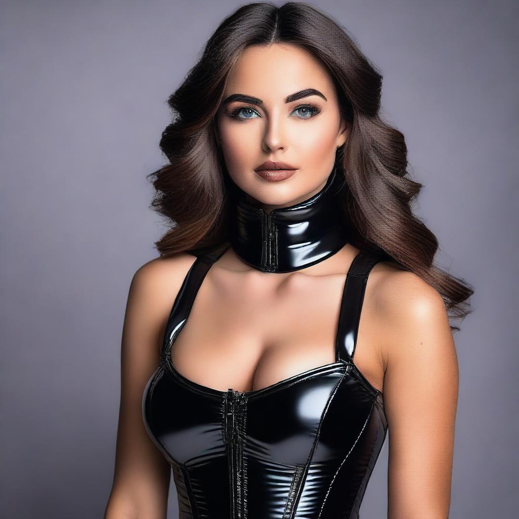 A confident and alluring woman wearing a tight, shiny black puffer corset