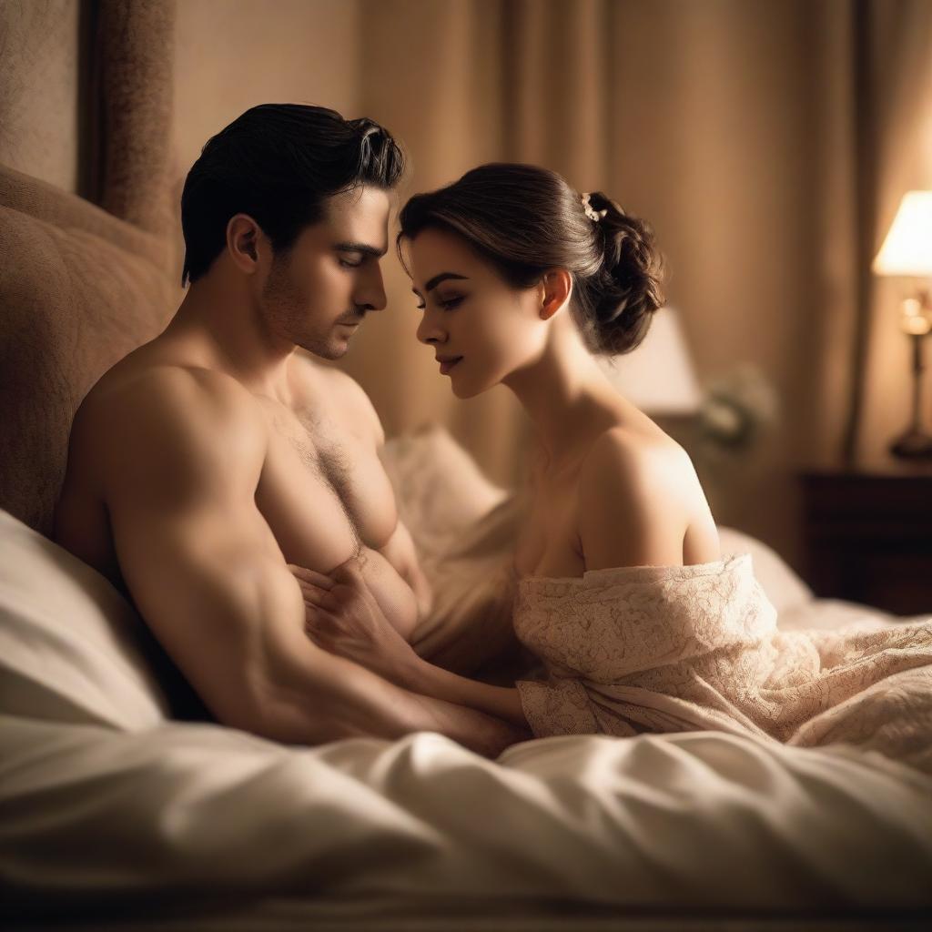 A scene featuring a beautiful woman on a bed with an attractive man