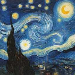 Van Gogh's Starry Night painting with swirling stars in a vibrant night sky