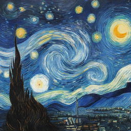 Van Gogh's Starry Night painting with swirling stars in a vibrant night sky