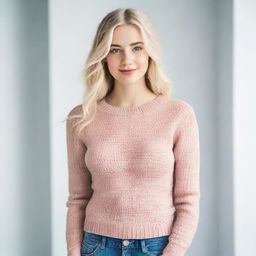 A young blonde woman, approximately 18 years old, wearing a tight sweater that accentuates her figure