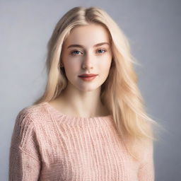 A young blonde woman, approximately 18 years old, wearing a tight sweater that accentuates her figure