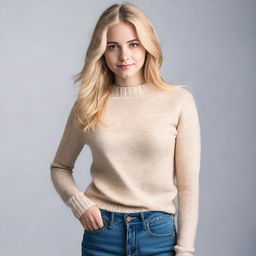 A young blonde woman, approximately 18 years old, wearing a tight sweater that accentuates her figure