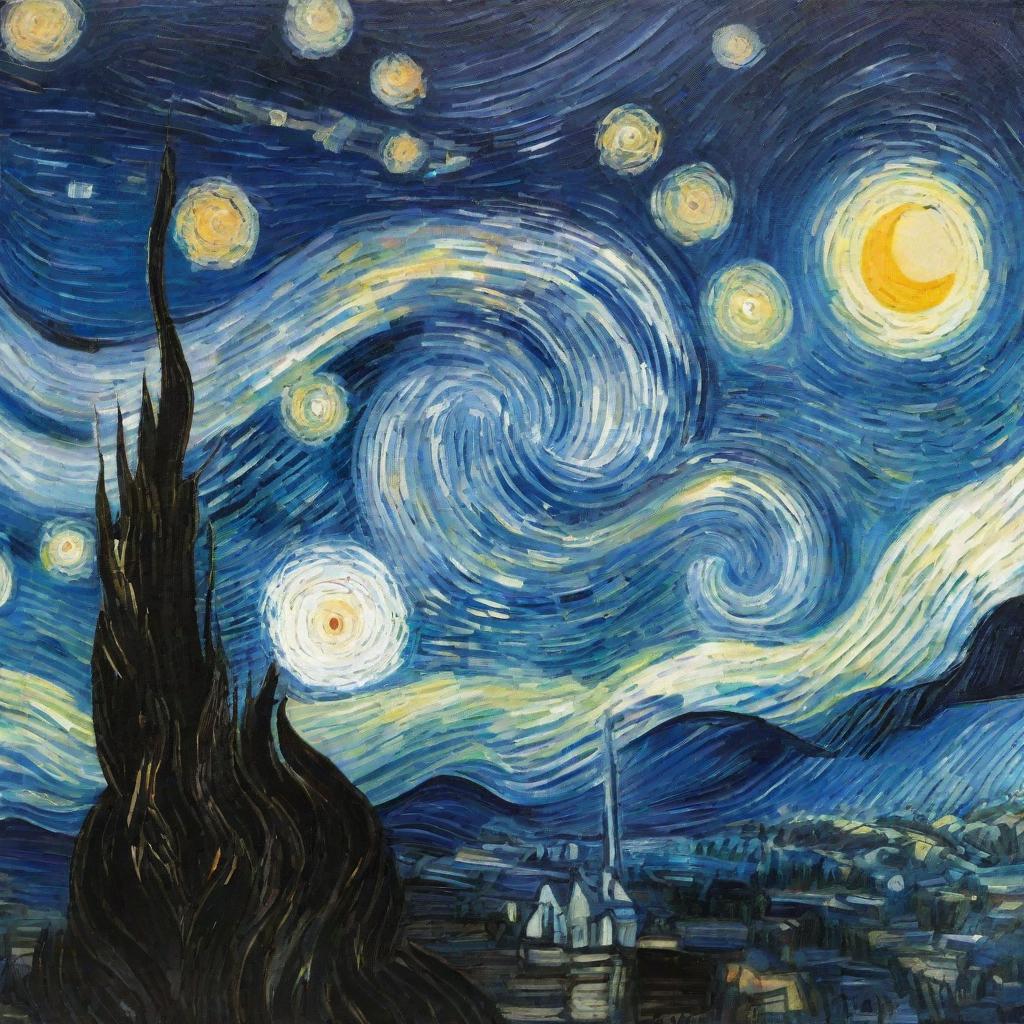 Van Gogh's Starry Night painting with swirling stars in a vibrant night sky