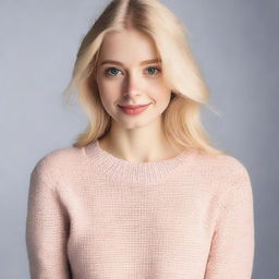 A young blonde woman, approximately 18 years old, wearing a tight sweater that accentuates her figure