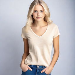 A young blonde woman, approximately 18 years old, wearing a stylish V-neck top