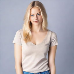 A young blonde woman, approximately 18 years old, wearing a stylish V-neck top