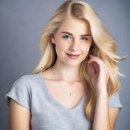 A young blonde woman, approximately 18 years old, wearing a stylish V-neck top