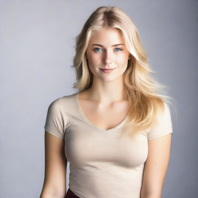 A young blonde woman, approximately 18 years old, wearing a tight V-neck top