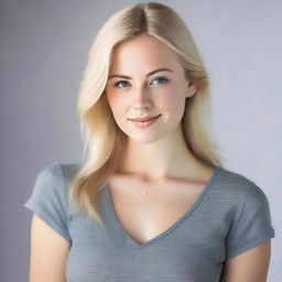 A young blonde woman, approximately 18 years old, wearing a tight V-neck top