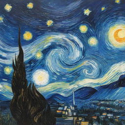 Van Gogh's Starry Night painting with swirling stars in a vibrant night sky