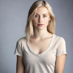 A realistic photo of a young blonde woman, approximately 18 years old, wearing a tight V-neck shirt