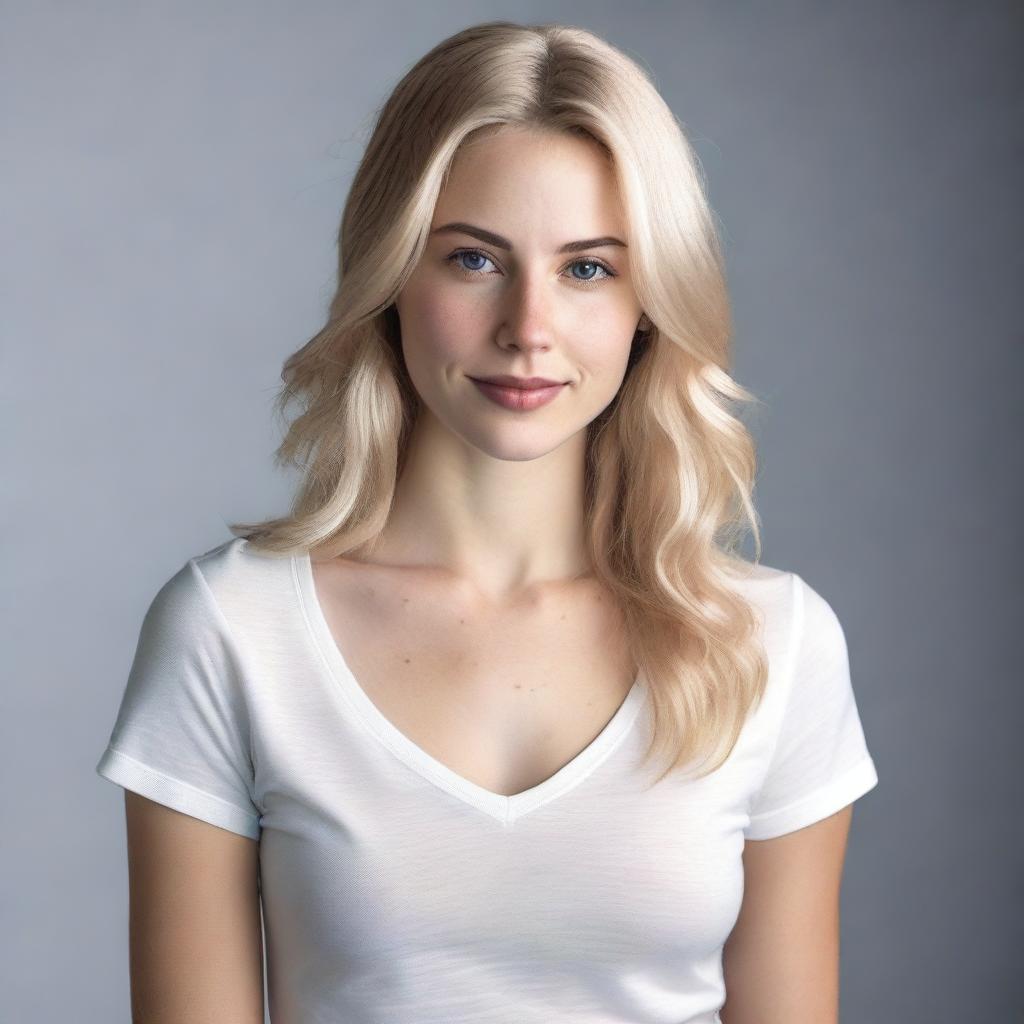 A realistic photo of a young blonde woman, approximately 18 years old, wearing a tight V-neck shirt