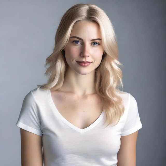 A realistic photo of a young blonde woman, approximately 18 years old, wearing a tight V-neck shirt