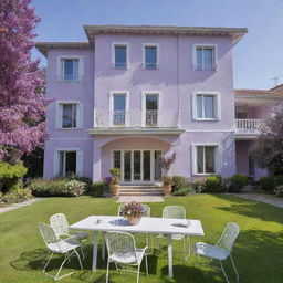 A three-story villa painted in lilac, adorned with white doors and windows. It possesses a large yard with white tables and chairs scattered throughout.