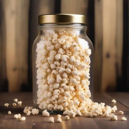 A glass jar filled to the brim with freshly popped popcorn, the golden kernels glistening under the light