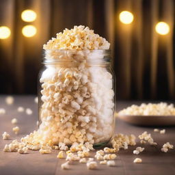 A glass jar filled to the brim with freshly popped popcorn, the golden kernels glistening under the light