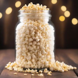 A glass jar filled to the brim with freshly popped popcorn, the golden kernels glistening under the light