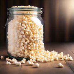 A glass jar filled to the brim with freshly popped popcorn, the golden kernels glistening under the light