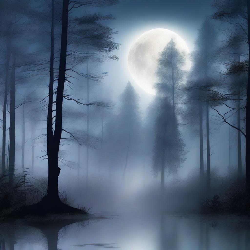 A serene forest at night bathed in moonlight