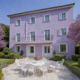 A three-story villa painted in lilac, adorned with white doors and windows. It possesses a large yard with white tables and chairs scattered throughout.