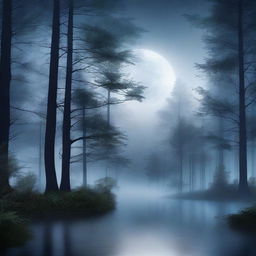 A serene forest at night bathed in moonlight