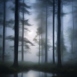 A serene forest at night bathed in moonlight