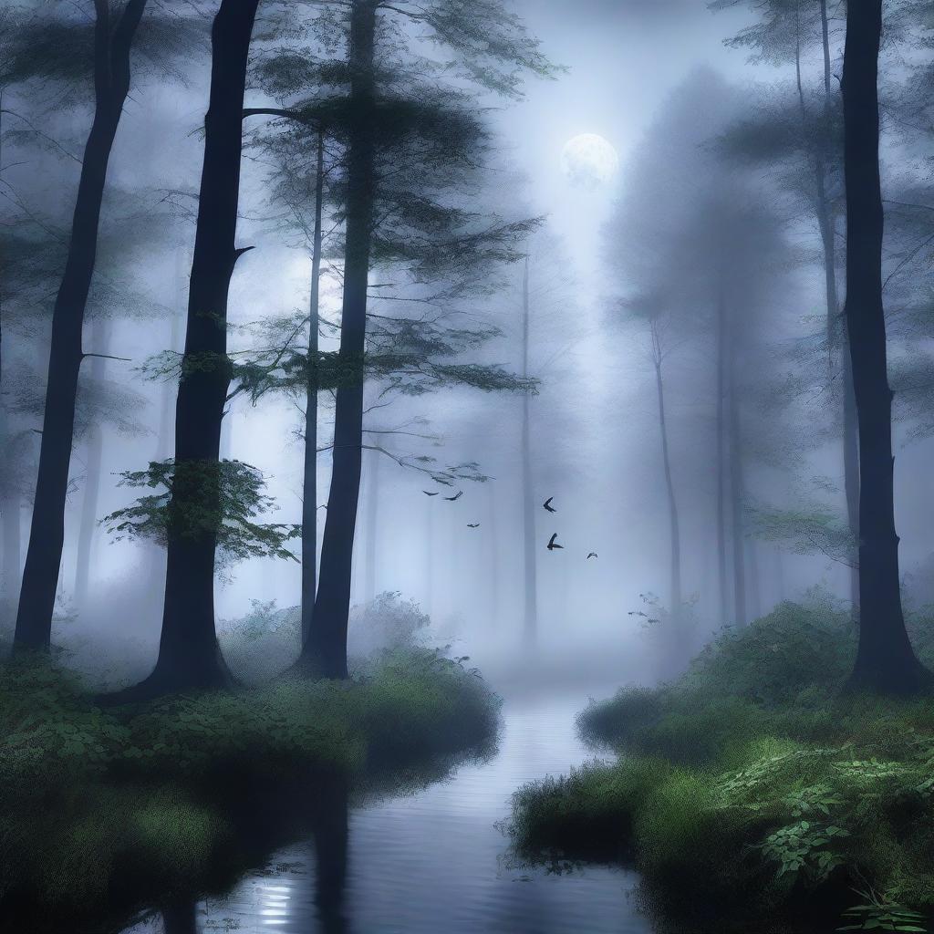 A serene forest at night bathed in moonlight