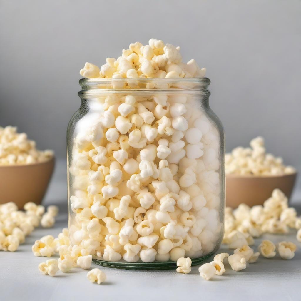 A detailed image of a glass jar filled with freshly popped popcorn