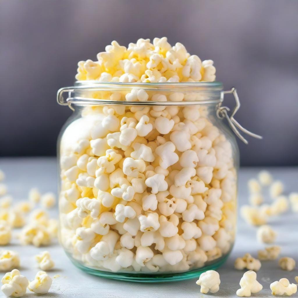 A detailed image of a glass jar filled with freshly popped popcorn