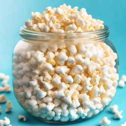 A detailed image of a glass jar filled with freshly popped popcorn