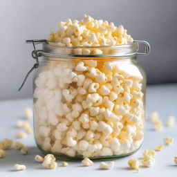 A detailed image of a glass jar filled with freshly popped popcorn