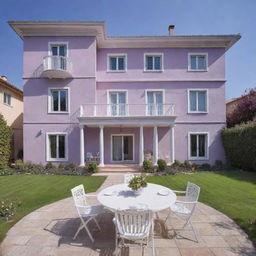 A three-story villa painted in lilac, adorned with white doors and windows. It possesses a large yard with white tables and chairs scattered throughout.