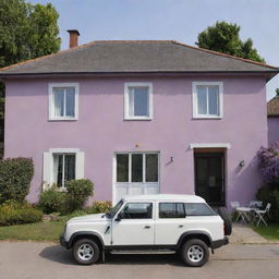 A three-bedroom villa with lilac walls, white windows and doors, featuring a yard with a white table and chairs. Parked next to the house is a black Defender car.