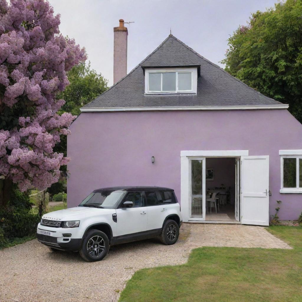 A three-bedroom villa with lilac walls, white windows and doors, featuring a yard with a white table and chairs. Parked next to the house is a black Defender car.