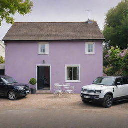 A three-bedroom villa with lilac walls, white windows and doors, featuring a yard with a white table and chairs. Parked next to the house is a black Defender car.