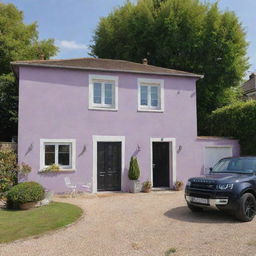 A three-bedroom villa with lilac walls, white windows and doors, featuring a yard with a white table and chairs. Parked next to the house is a black Defender car.