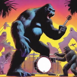 A vibrant and dynamic scene of King Kong and Godzilla playing in a rock band together