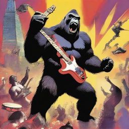 A vibrant and dynamic scene of King Kong and Godzilla playing in a rock band together