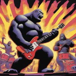 A vibrant and dynamic scene of King Kong and Godzilla playing in a rock band together