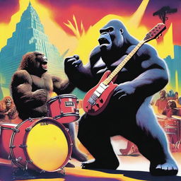 A vibrant and dynamic scene of King Kong and Godzilla playing in a rock band together