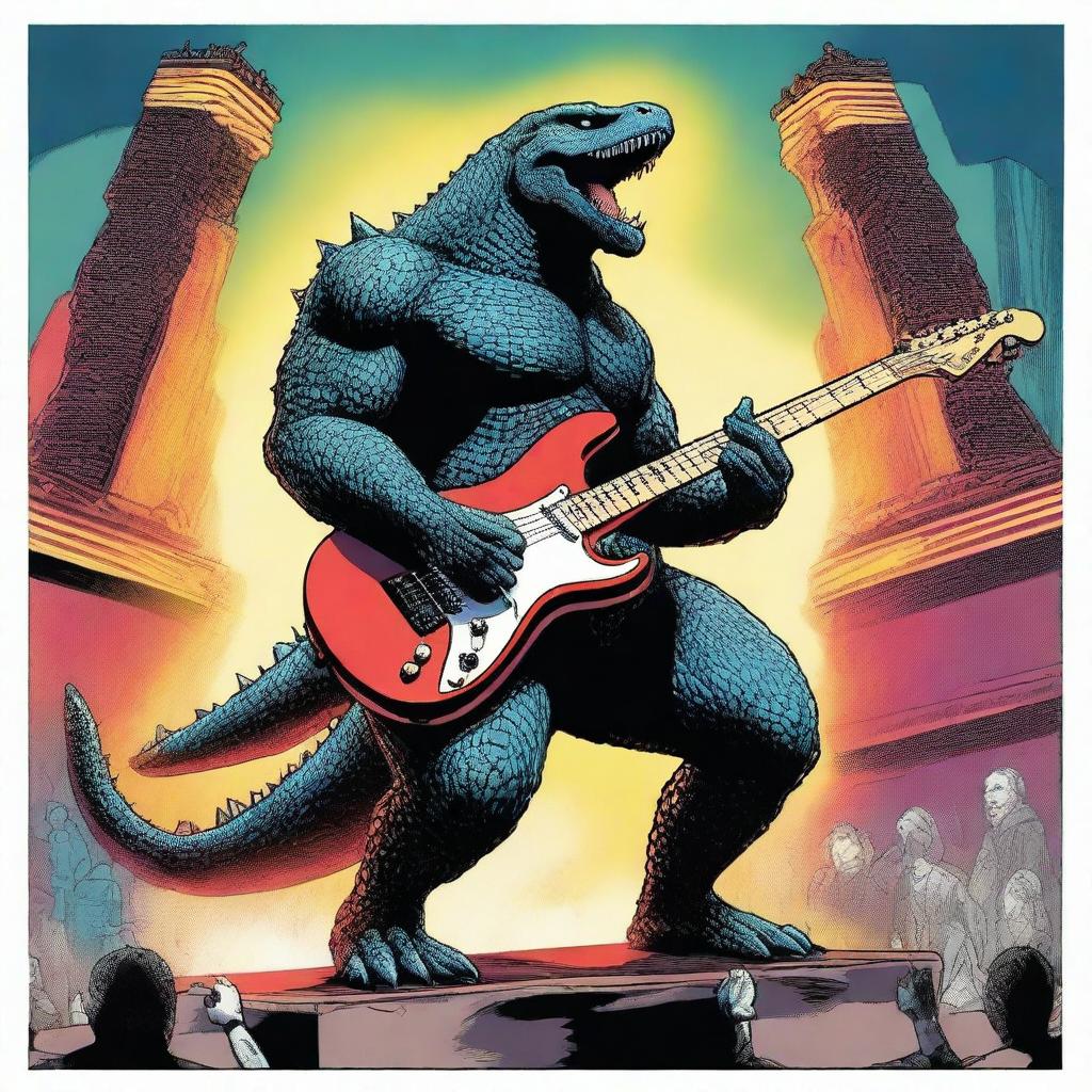 A detailed and lively illustration of Godzilla playing the bass guitar