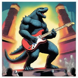 A detailed and lively illustration of Godzilla playing the bass guitar