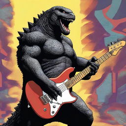 A detailed and lively illustration of Godzilla playing the bass guitar