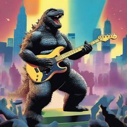 A detailed and lively illustration of Godzilla playing the bass guitar