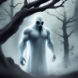 A muscular ghost with defined muscles, floating in a spooky yet whimsical environment