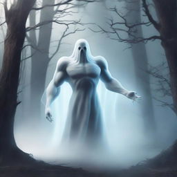 A muscular ghost with defined muscles, floating in a spooky yet whimsical environment