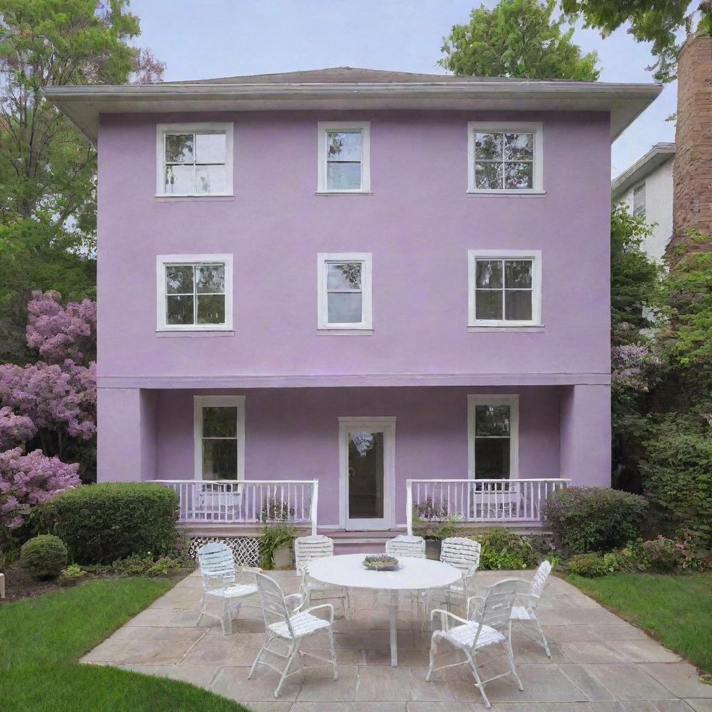 A three-story house with lilac walls, complemented by white windows and doors. It boasts a yard with a white table and chairs.